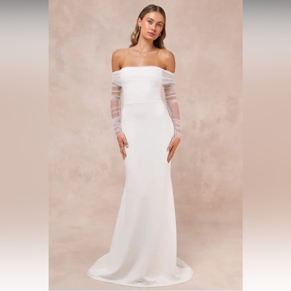 NWT Lulu’s Bridal White Mesh Sleeve Maxi Dress